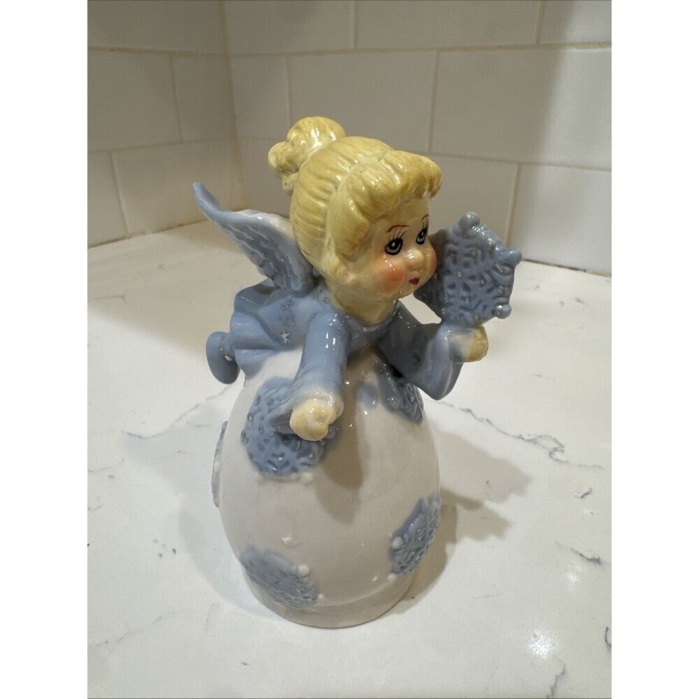 Ceramic Angel Bell with Blue Dress And Snowflakes Vtg Angels 5.25”